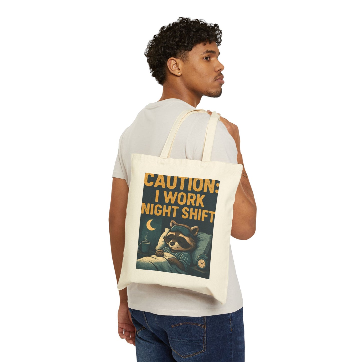 Tote Bag — "Caution: I Work Night Shift" Raccoon