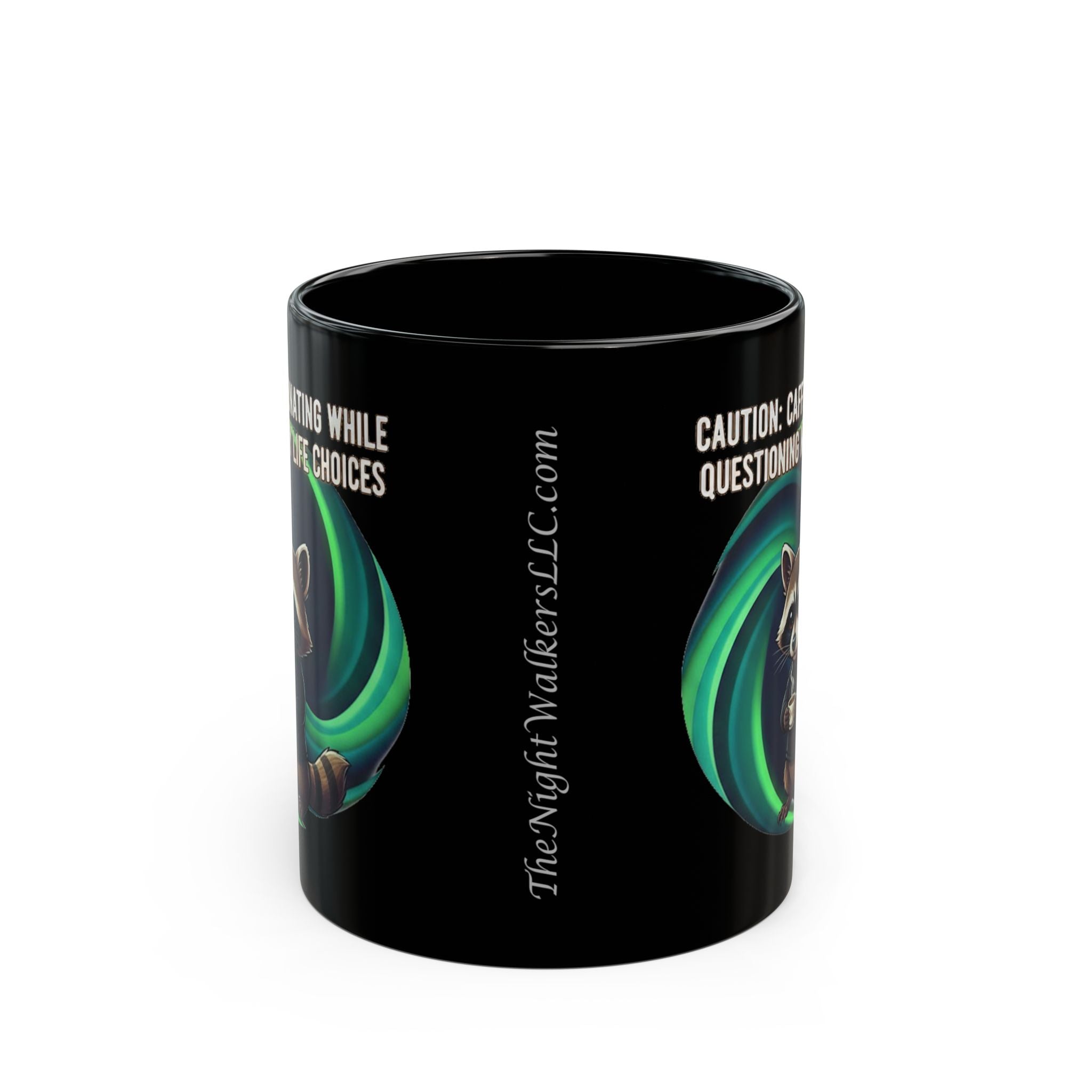 Caffeinating While Questioning My Life Choices Mug — Cute Raccoon Coffee Cup (11oz/15oz)