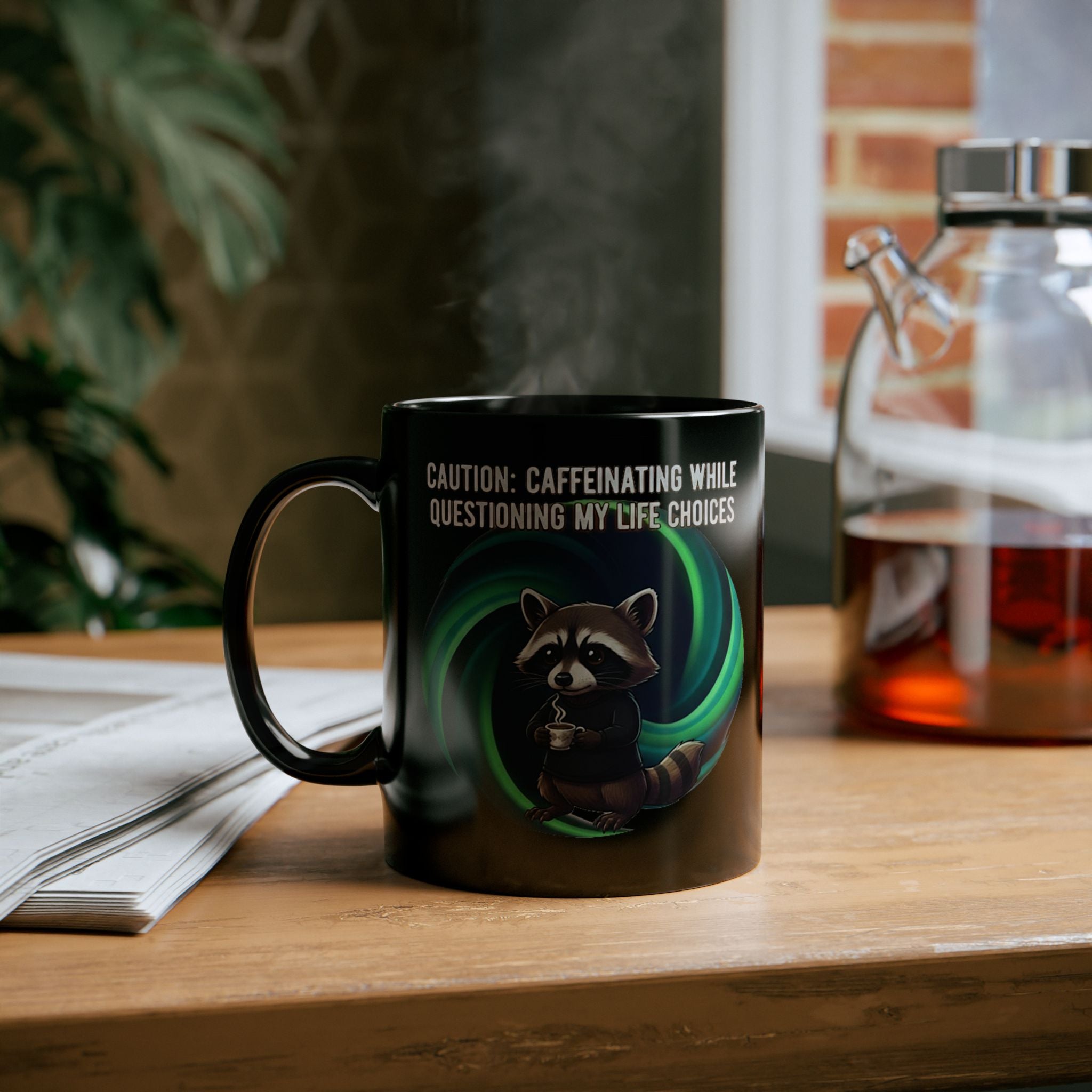 Caffeinating While Questioning My Life Choices Mug — Cute Raccoon Coffee Cup (11oz/15oz)