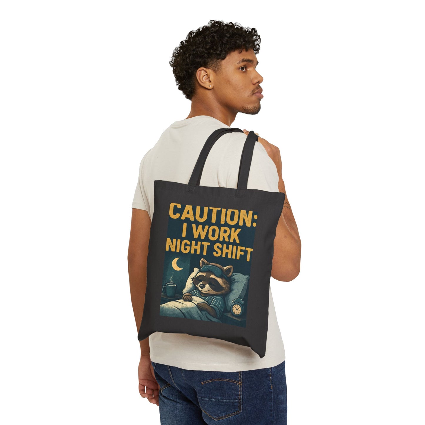 Tote Bag — "Caution: I Work Night Shift" Raccoon