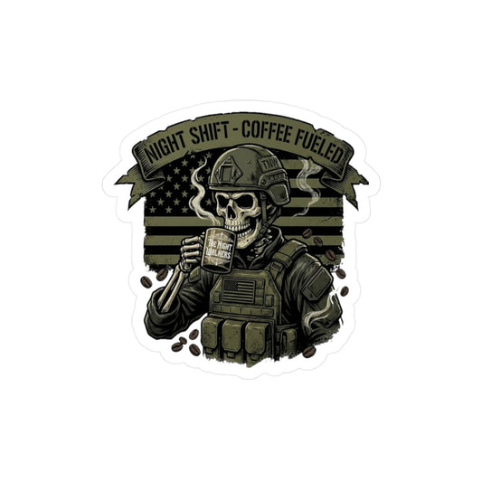 'Night Shift, Coffee Fueled' Tactical Skull Sticker